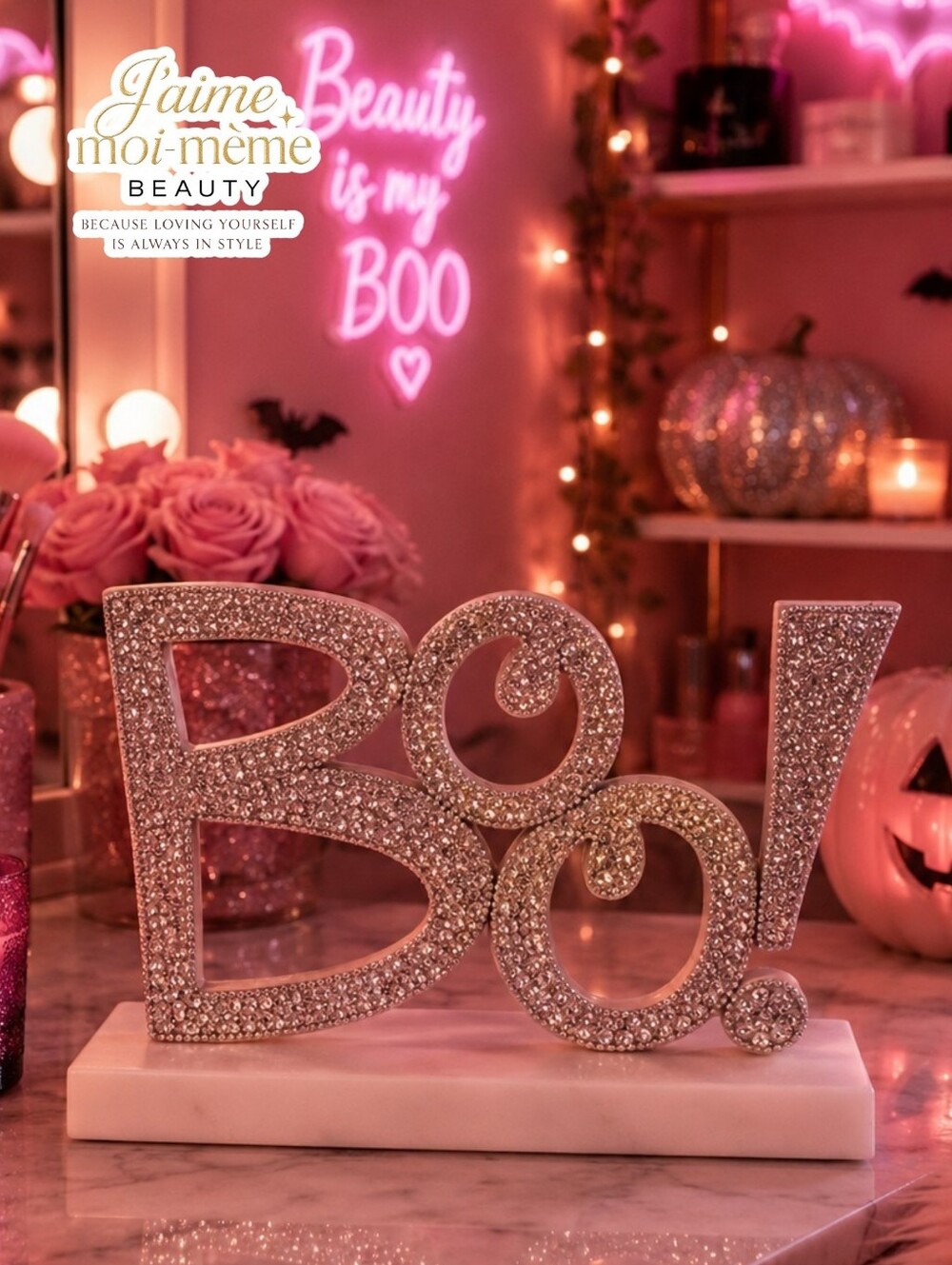 RHINESTONE Glam Bling Bling "BOO" Halloween Sign with Solid Marble Base